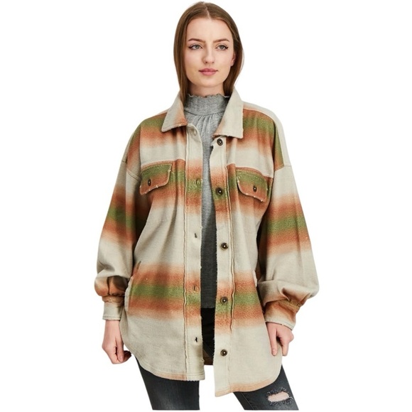 Free People Ruby Ombre Stripes Oversized Cotton Flannel Shacket Coat Women Large - Picture 1 of 13